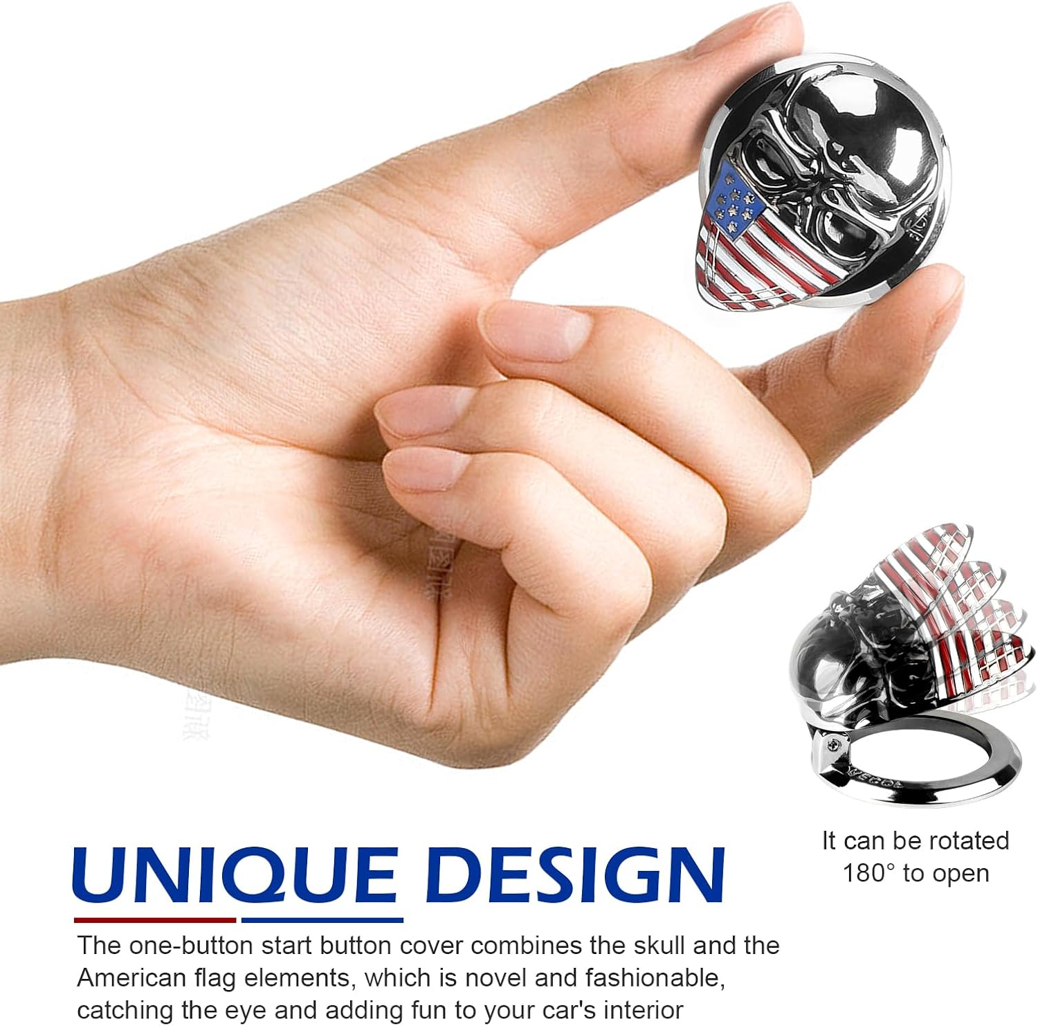 Push Start Button Cover, 3D Skull Engine Start Stop Button Cover with US Flag Pattern, Anti-Scratch Car Engine Decoration Ring, Universal for Car Truck SUV (Silver) image 3