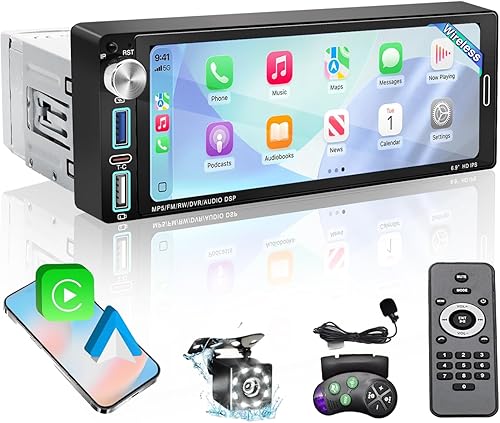 Estéreo de coche de un solo DIN, IPS táctil de 6.9 pulgadas, Apple CarPlay inalámbrico y Android Auto, Bluetooth 5.2, perilla física, cámara de