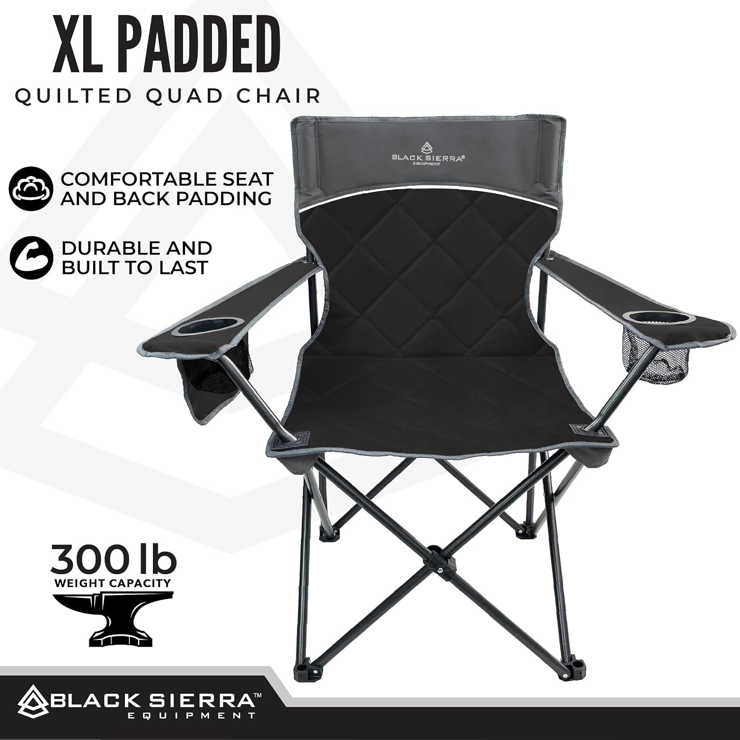 Black Sierra Quilted Padded Camping Chair, Oversized Heavy Duty Outdoor Lounge Seat Supports 300 lbs, Portable, Folding with Cup Holder for Beach, Tailgating, Sports, Patio image 4
