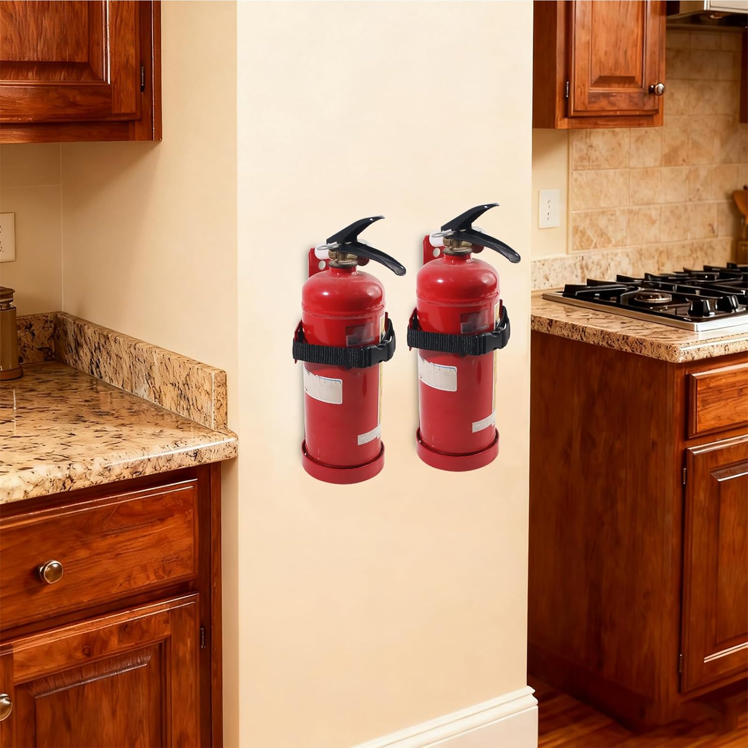 Fire Extinguisher Mount, 2.5LB Fire Extinguisher Bracket Wall Hanging Holder with Adjustable Straps for Home, Office, Garage (Red 2Pcs)