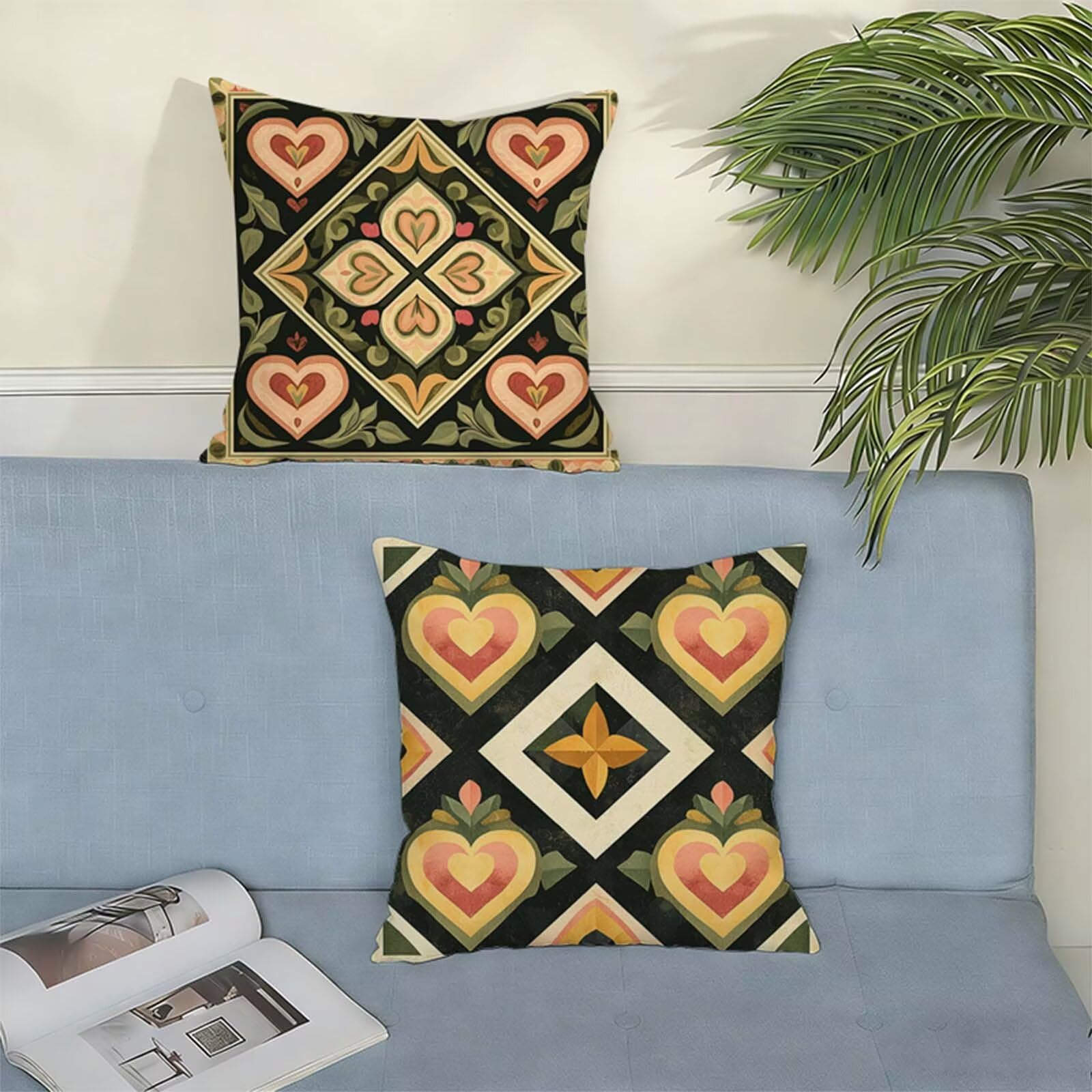Juego de 2 Funda Cojin 80x80cm Verde, Cuadrada Impermeable Fundas Cojines Bohemia Lino Impresión a Doble Cara con Cremallera Oculta, Apto para Todas las Estaciones Funda Almohada para Sofá Salón X-271