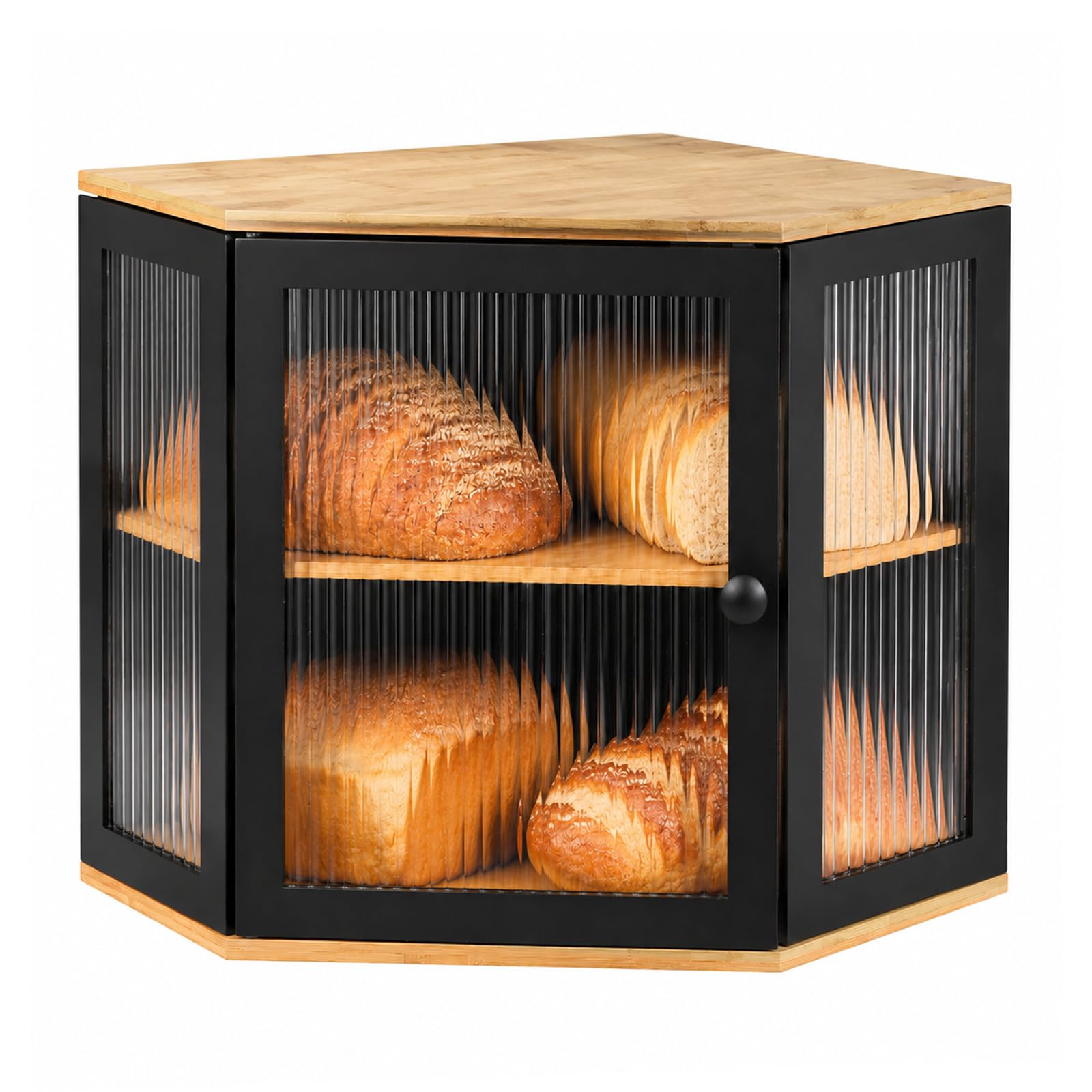 EXLECO Brotkasten Ecke Bambus, 2 Etagen Großes Brotkorb 32x32x35cm Schwarz