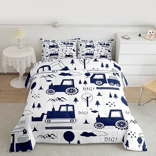 Juego de ropa de cama de construcción, tamaño matrimonial, juego de edredón de camiones para niños y niñas, decoración de caricaturas, automóvil,