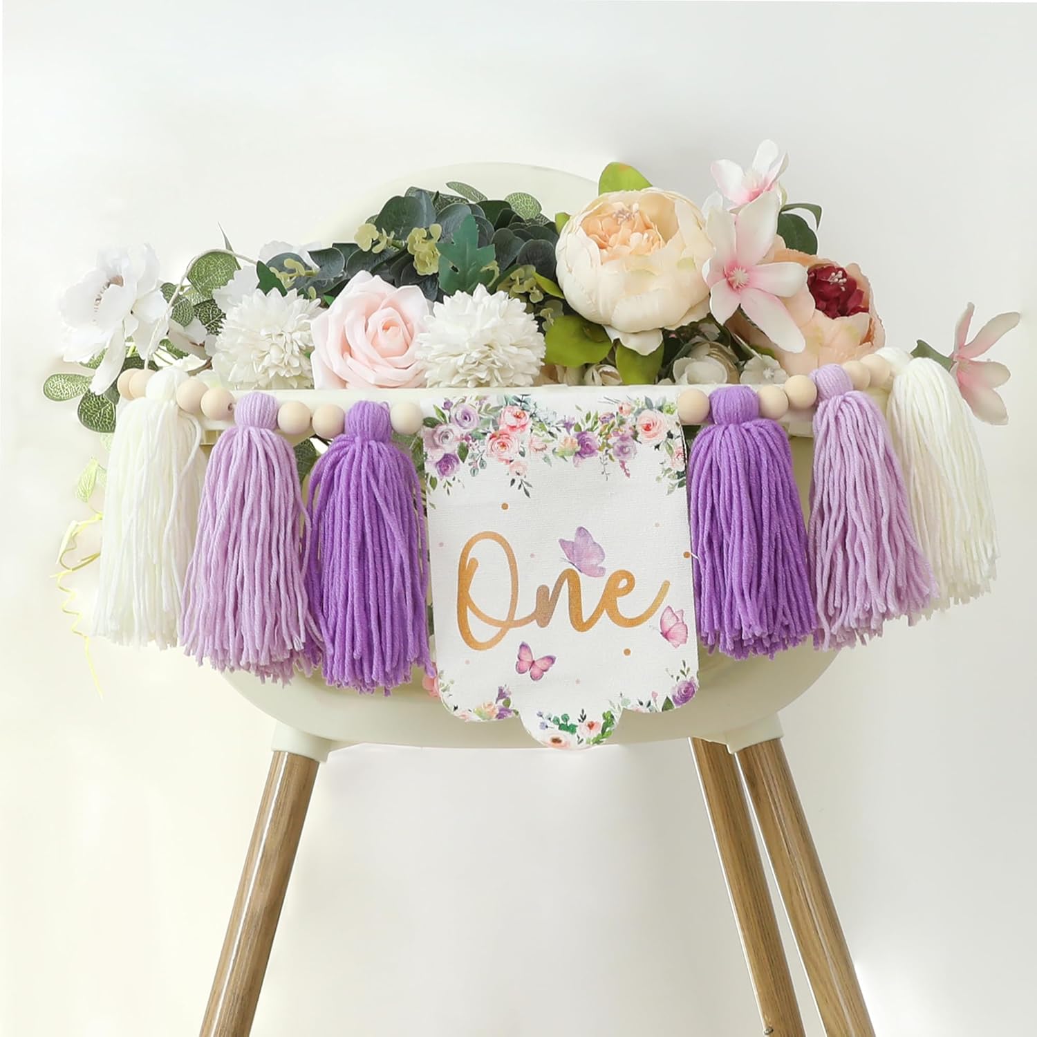 Handmade Butterfly Flower 1st Birthday High Chair Banner Purple Party Decoration For Girls Boys Wall Hangings Decorative