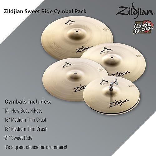 Miniatura 3 de Zildjian A391 A Sweet Ride - Paquete de platillos de 14161821 pulgadas con bolsa de platillo, baquetas y paño de pulido Austin Bazaar
