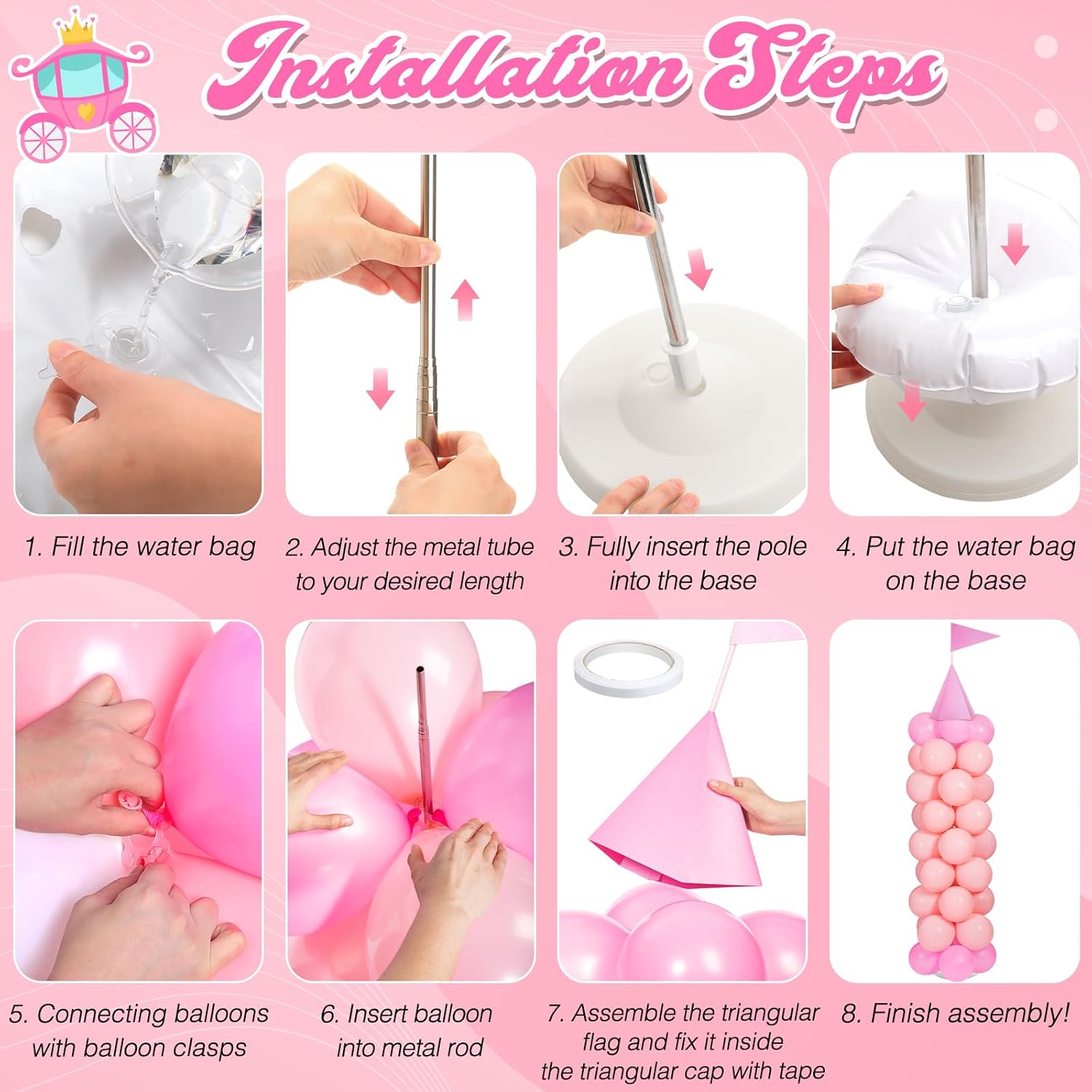 Condition photo showing As Is for 2 sets adjustable pink princess castle balloon column stand kit includes 140 pcs balloons 2 tricorne hat 2 pennant 1 carpet for princess birthday party weddings decoration