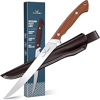 TAN REN Fillet Knife for Fish 9 Inch, Professional Stainless Steel Fishing Knives with Sheath for Filleting and Cleaning, Full Tang Filet Knife for Meat with Ergonomic Wood Handle, Father's Day Gift