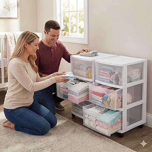 Miniatura 8 de Carrito de cajón de almacenamiento de plástico, color sólido, blanco, mediano, para organización del hogar, con 3 cajones grandes, ruedas