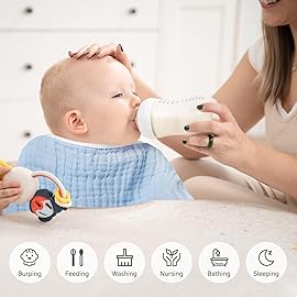 Synrroe Burp Cloths Large, Muslin Burp Cloths for Baby Girls and Boys, Pack of 4 Extra Absorbent and Soft Muslin, 6 Layers 20 by 10 Inches 100% Cotton (Blue-Grey 4 Pack)