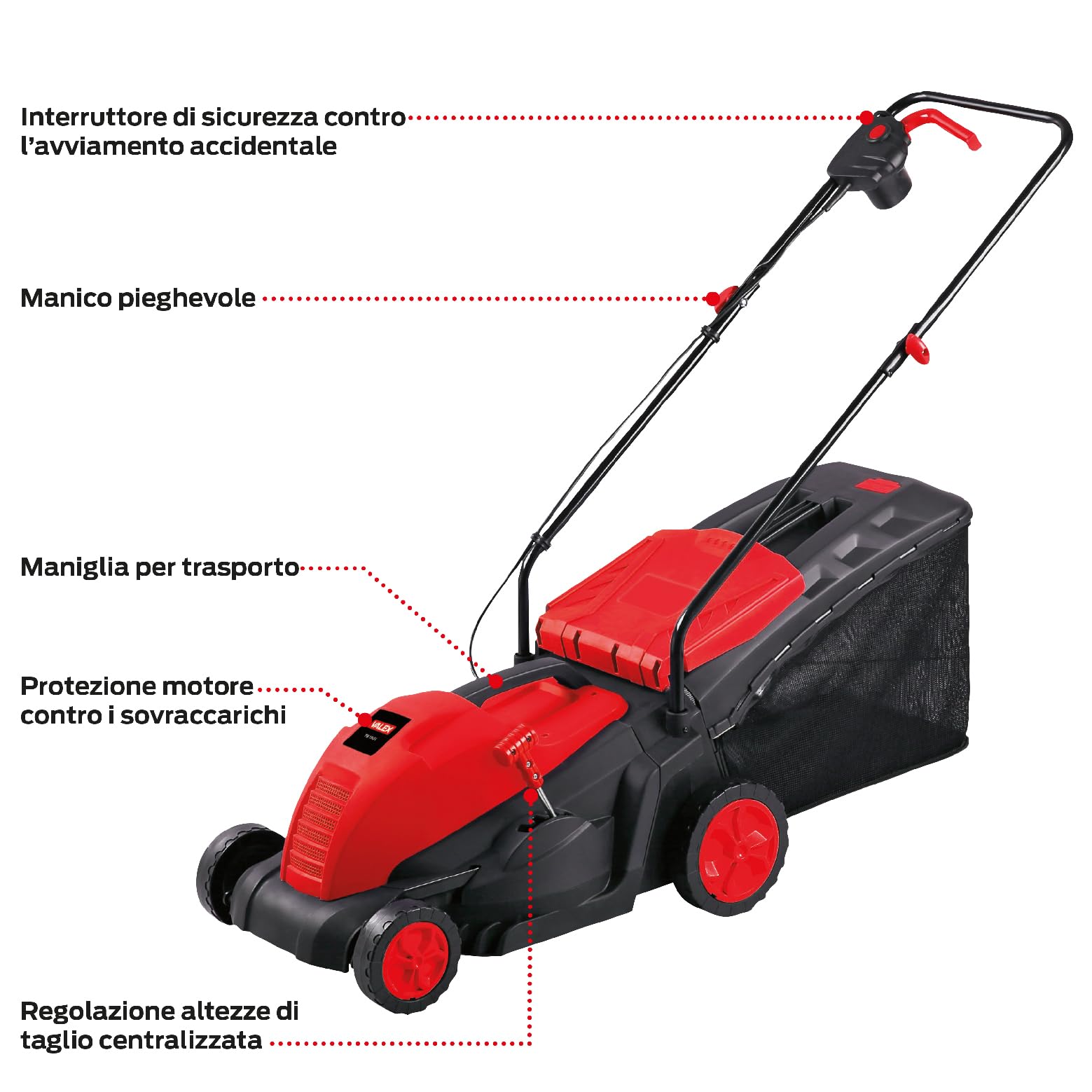 Valex TE1501 Tagliaerba Elettrico 1500W, Taglio Ø35/36 cm, 5 Altezze Centralizzate (20-70 mm), Cesto Raccolta 50L, Lama in Acciaio