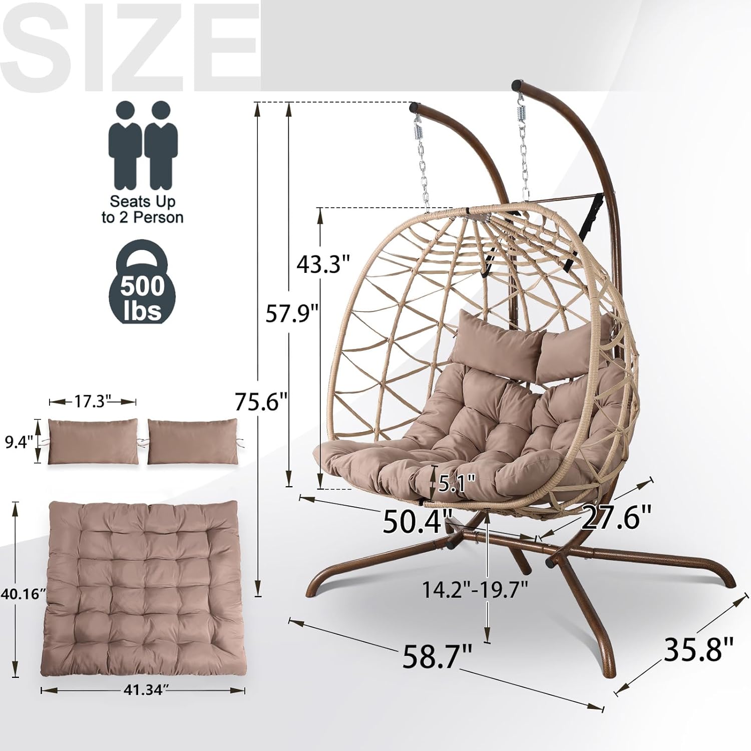 NOBLEMOOD Outdoor Egg Swing Chair with Stand, 2 Person Patio Swing Chairs with Thick Cushions and Pillows, Wicker Double Egg Chair Swing for Indoor Bedroom
