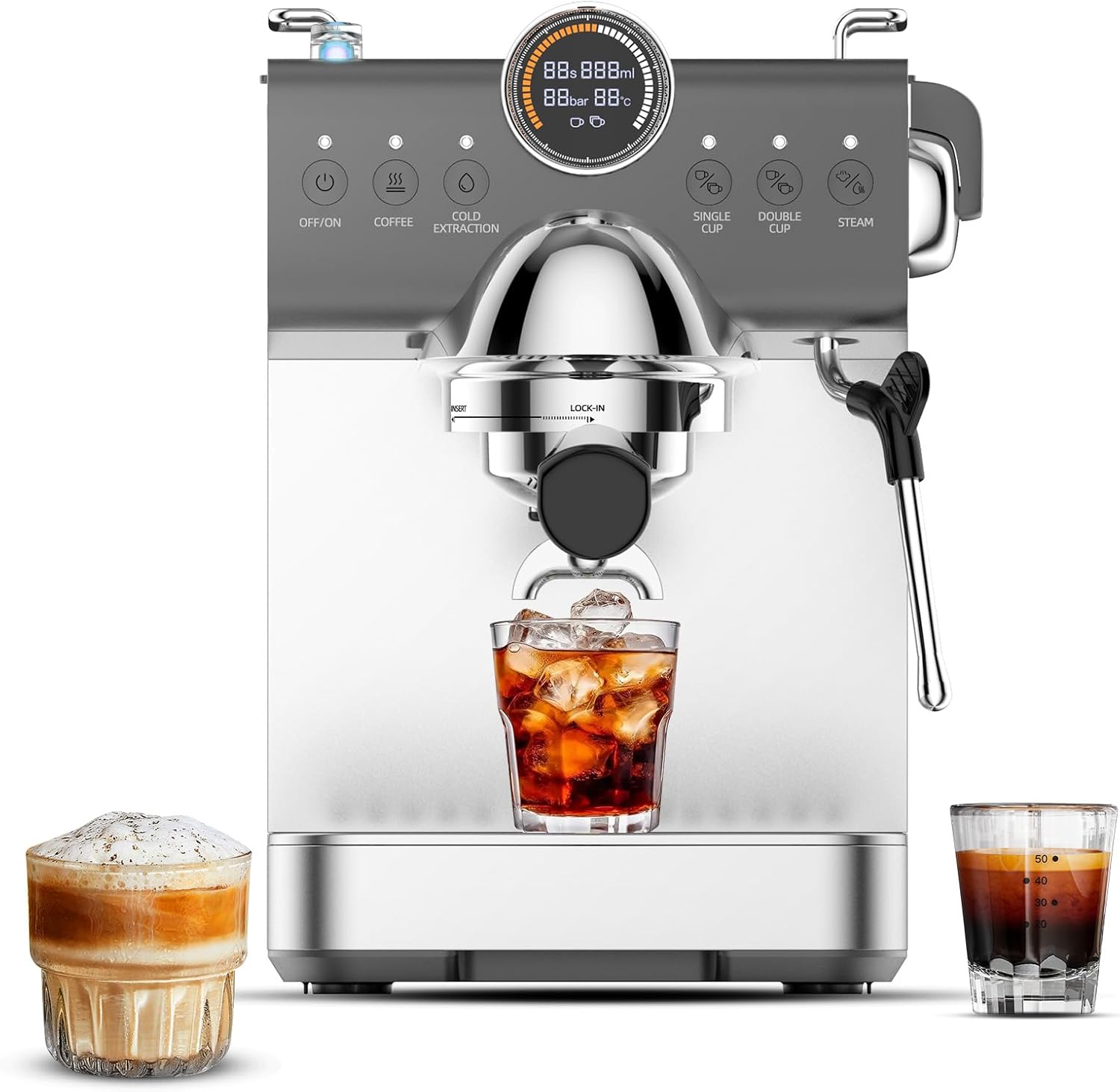 Mcilpoog Espresso Machine 20 Bar，Compact Coffee Maker with Steam Milk Frother&Iced Coffee，Barista Cappuccino Latte Machine with LCD Display，Gift for Coffee Lover