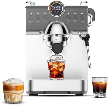 Mcilpoog Espresso Machine 20 Bar,Compact Coffee Maker with Steam Milk Frother&Iced Coffee,Barista Cappuccino Latte Machine with LCD Display,Gift for Coffee Lover