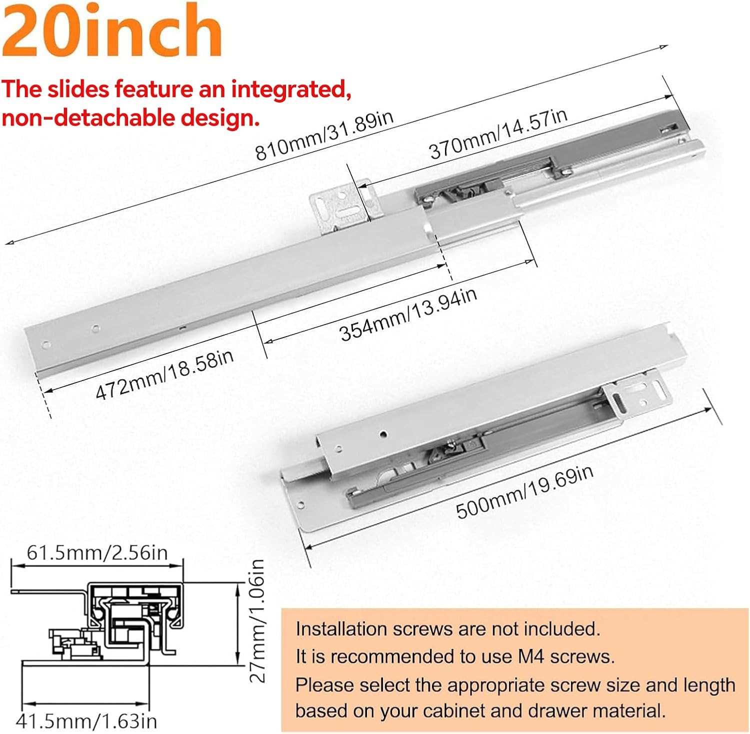 Undermount Shelf Drawer Slide Soft Close Bottom Support Under Mount Pull Out Drawer Track Full Extension Slide Out Drawer Glide Shelf Bracket for Kitchen Cabinet Trash Can Without Side Panel