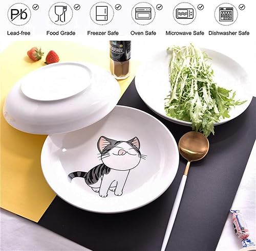 Miniatura 4 de Juego de 5 platos de cerámica con bonito diseño de gato, platos llanos grandes de porcelana para ensalada de postre de 7.28 pulgadas, platos de