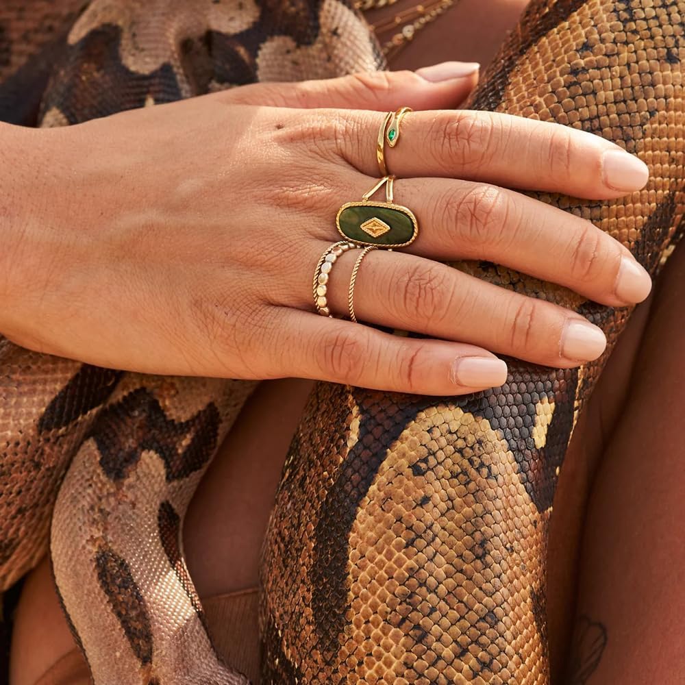 Natural Lapis Lazuli/African Jade Western Chunky Statement Rings, 18K Gold Plated Exaggerated Resizable Rings, 10 * 25MM Cut Gemstone, Stackable Fashion Ring for Women - Image 4