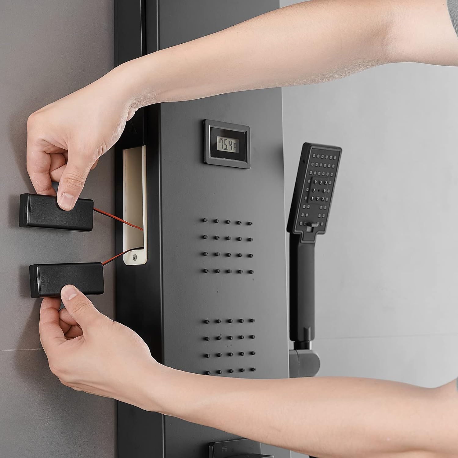 BWE LED Shower Panel Tower System Matte Black 5-Function Shower Column with Rainfall Waterfall Shower Head 4 Body Jets with Tub Spout Water Temperature Display Wall Mount