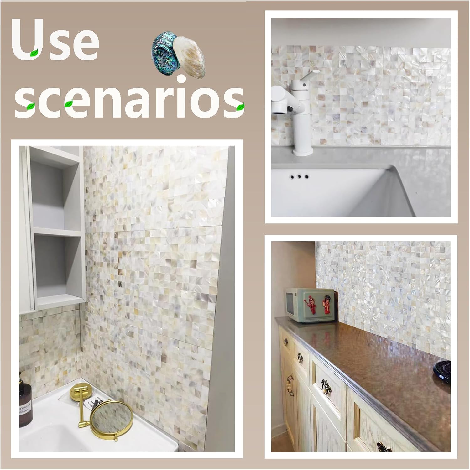 Mother of Pearl Ttile Peel and Stick Backsplash Natural Seashell Shells Tiles Shell Mosaic for Self Adhesive Kitchen, Bathroom Walls,Home Decor 6 Sheets Ivory White