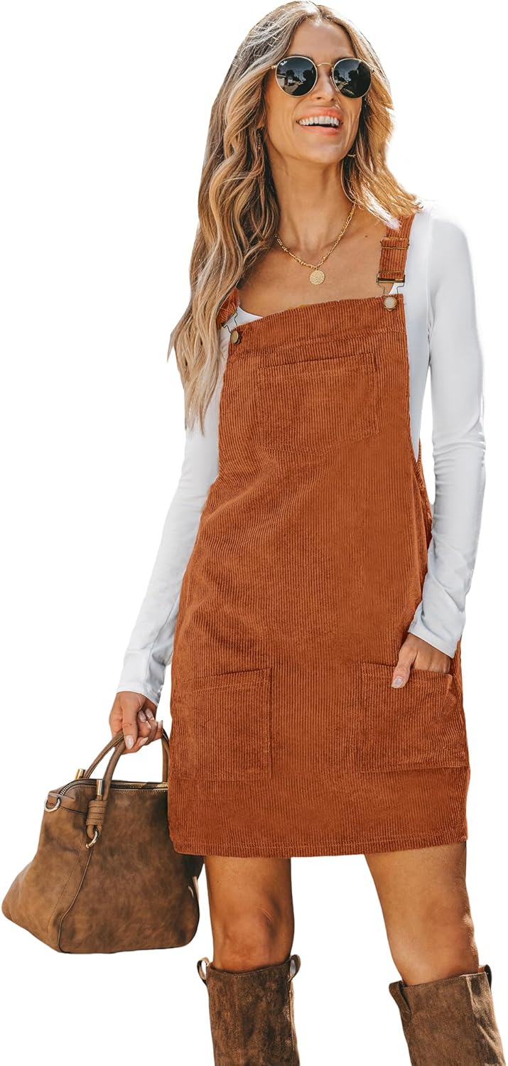 CUPSHE Women Corduroy Fall Dresses Front Bib Pocket Square Neck Wide Strap Casual Overall Mini Dress