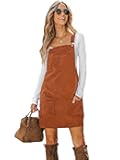 Women Corduroy Fall Dresses Front Bib Pocket Square Neck Wide Strap Casual Overall Mini Dress