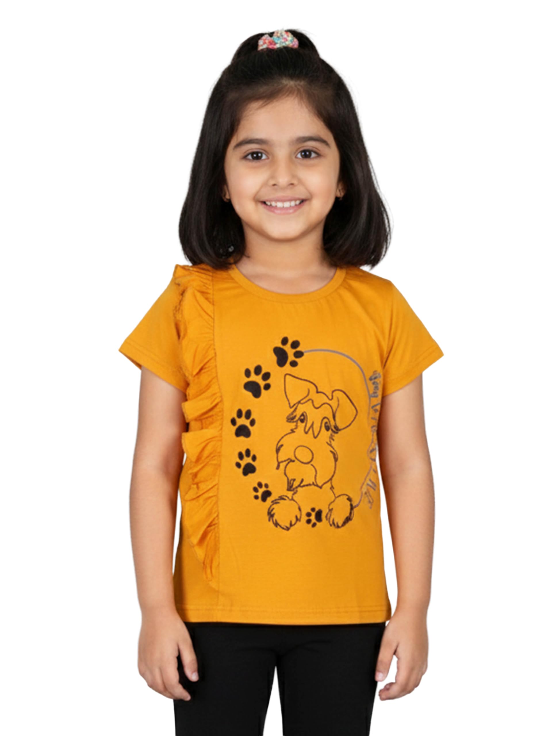 Girl Stay Pawsitive Printed Half Sleeve Round Neck Tee with Side Frill