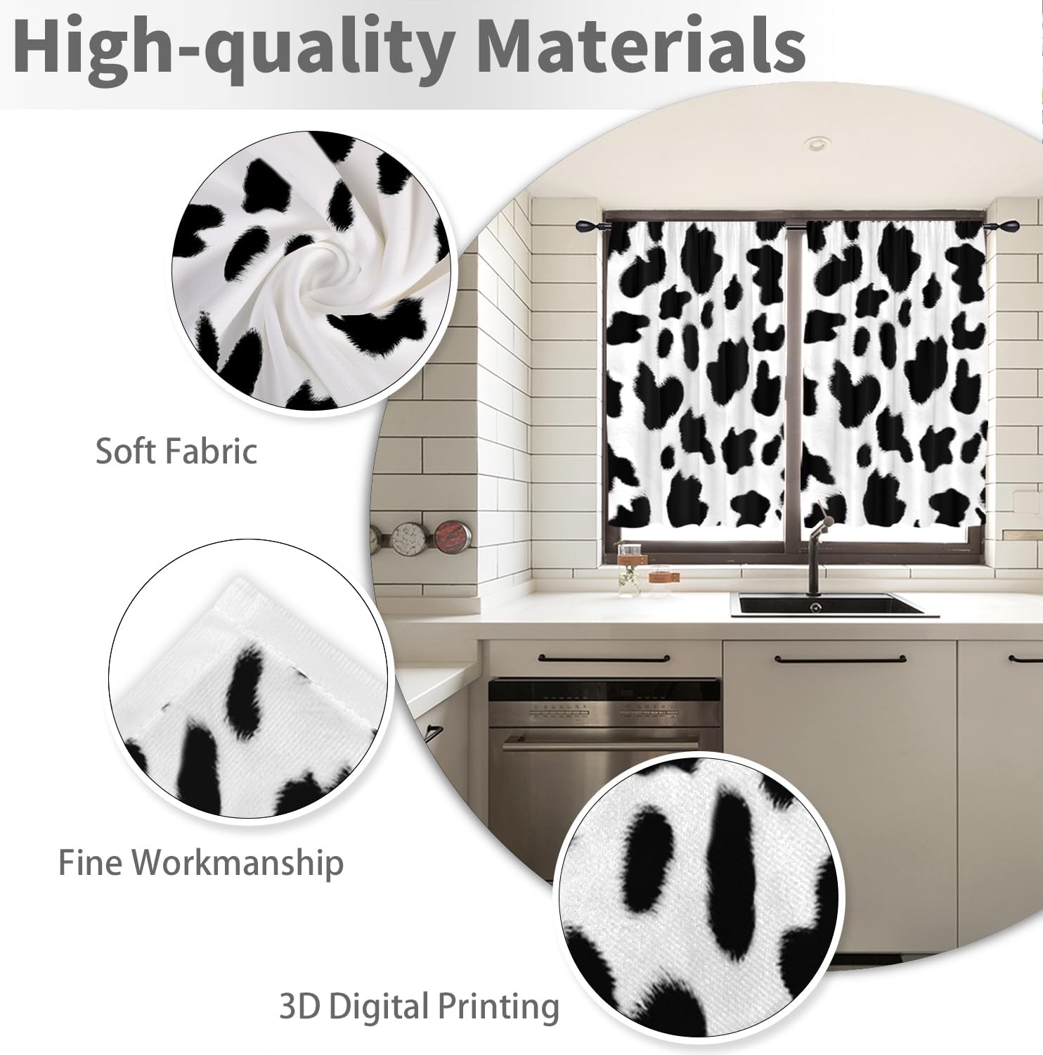 Cow Print Kitchen Curtains 27.5W x 39L Inch Small Mini Western Animal Black and White Cute Farmhouse Country Nursery Kids Rod Pocket Short Tiers for Cafe Window Drapes Treatment Fabric 2 Panels
