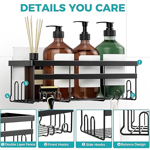 Miniatura 4 de HomeHacks Organizador de ducha, sin perforaciones, organizador a prueba de óxido con ganchos para ahorrar espacio, artículos esenciales de
