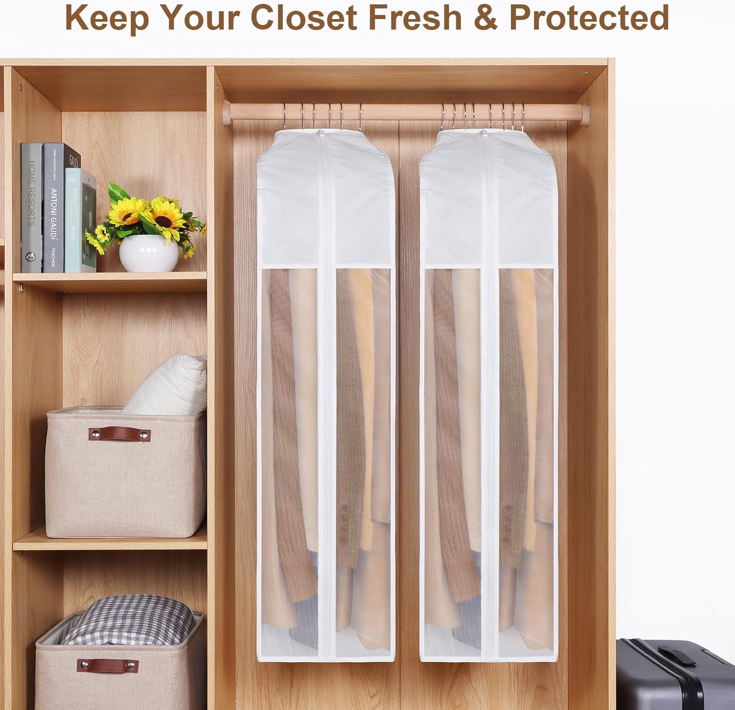 Kntiwiwo 43" Premium Cotton Garment Bag for Hanging Clothes, Breathable Suit Bags for Closet Storage with Extre Large 10" Gusseted & Clear Window, Dust Cover with Zipper for Suits, Jacket, 3 Pack - Image 4
