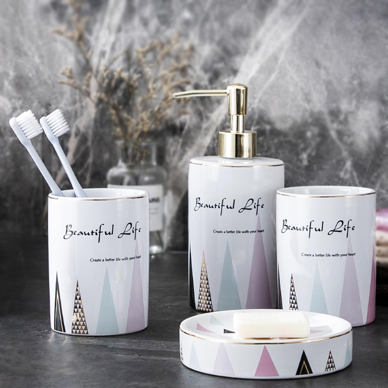 Juego de 4 dispensadores de jabón de baño, dispensador de jabón de cerámica, juego de vasos para cepillo de dientes, accesorios de baño con plato para decoración, decoración de lujo Badrum