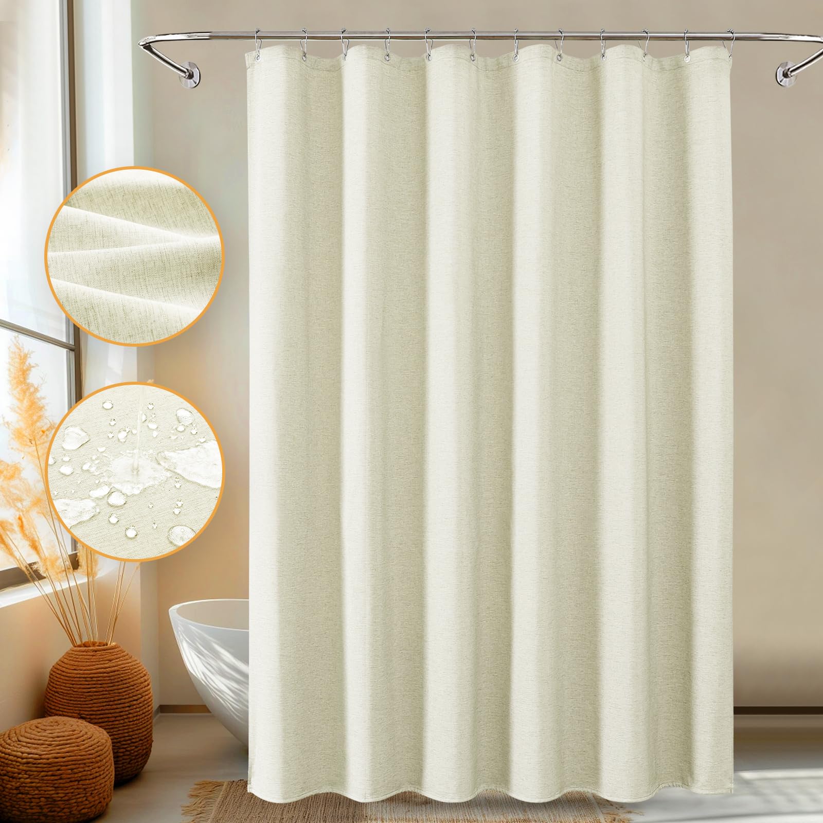 FY&XZH Linen-Texture Fabric Shower Curtain Set with Stainless Steel Hooks, 230 GSM Heavy Luxury Weighted Bath Curtain, Water-resistant & Washable Cloth Shower Curtain, 92 x 183cm (Beige) — image 1