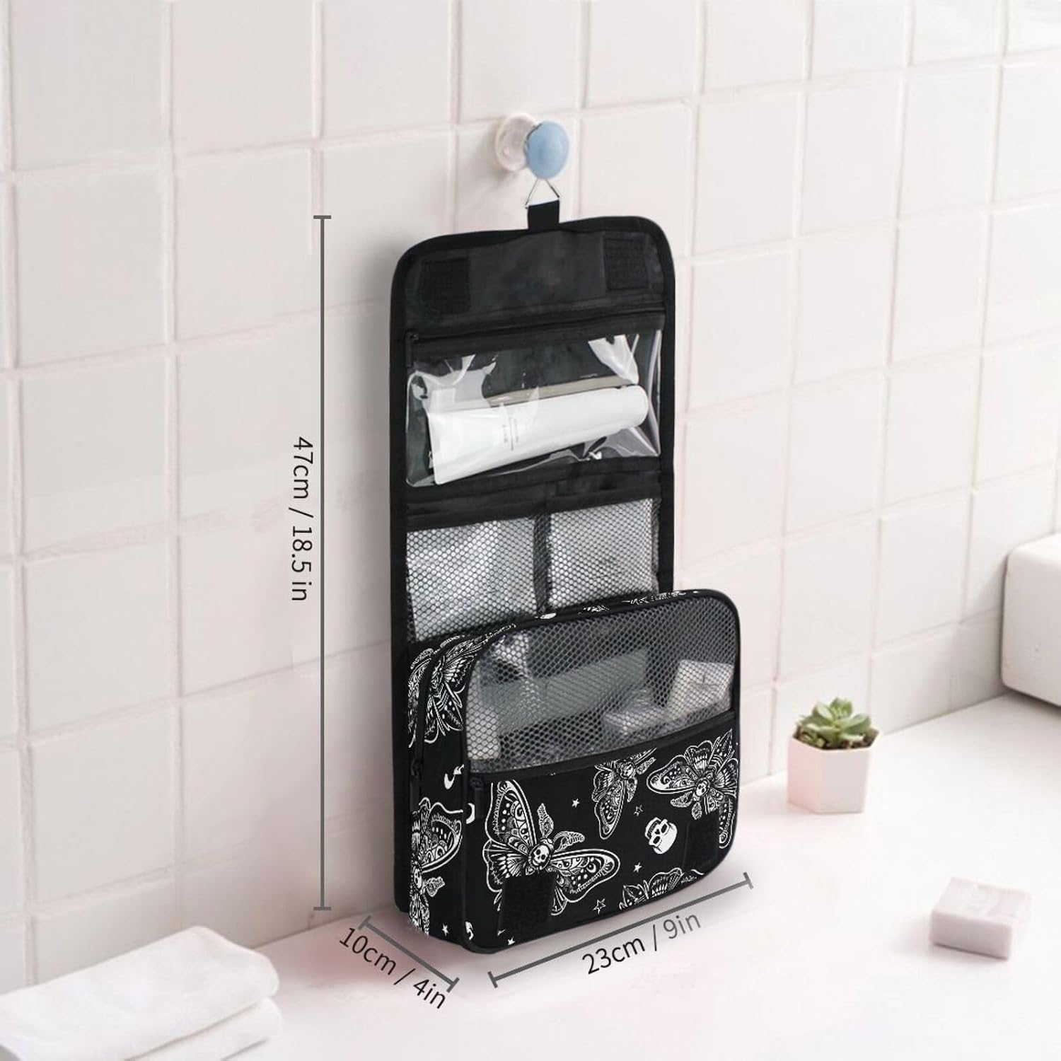 MNSRUU Hanging Toiletry Bag Moth Skull Moon Esoteric Makeup Travel bag for Toiletries Portable Toiletry Organizer Bags Clear Toiletry Cosmetic Kit