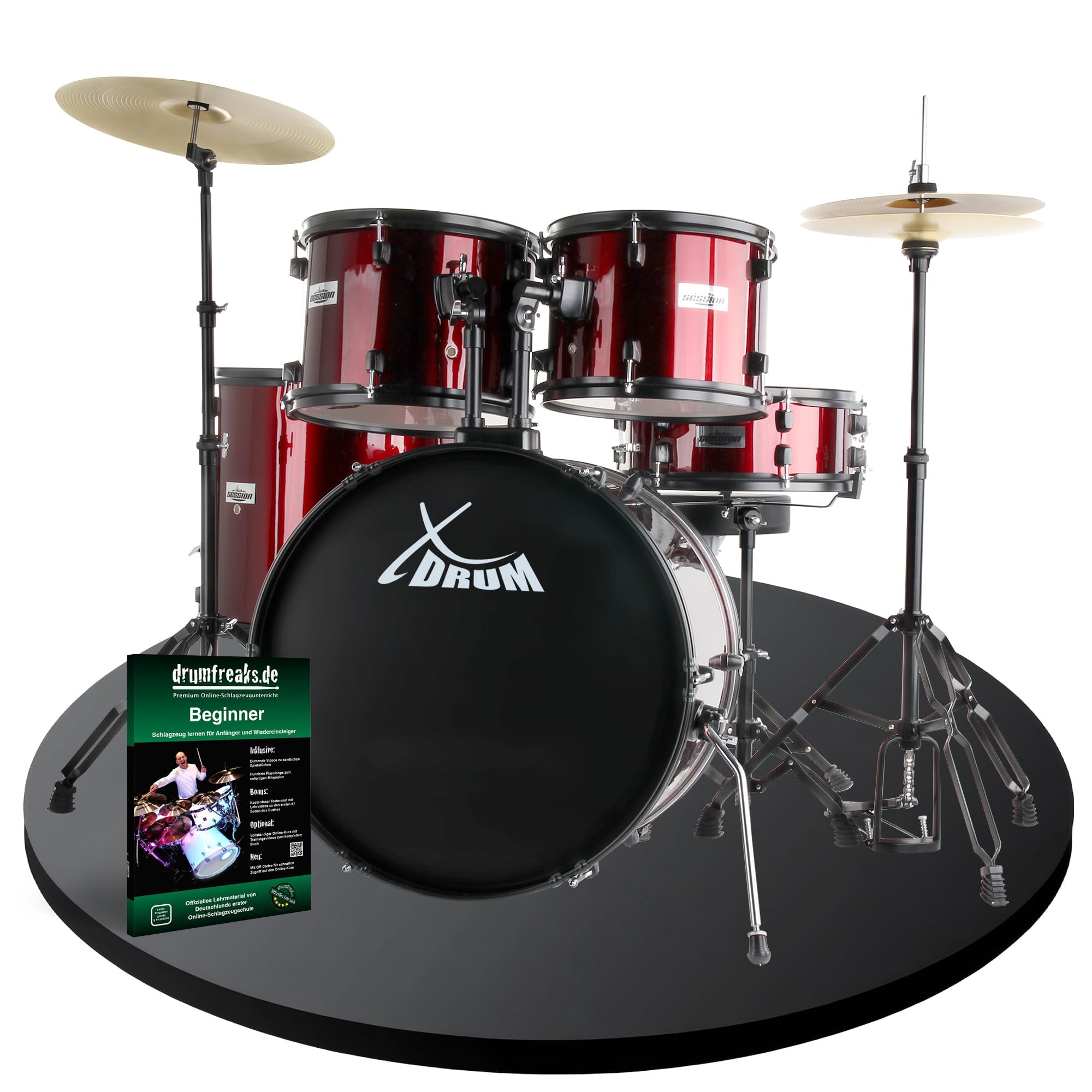 XDrum Rookie 20" Studio Schlagzeug Komplettset Ruby Red - Ideal für Einsteiger - Stylische Hardware in schwarz - Inkl. Drumsticks, Aufbauanleitung und Schlagzeugschule - Rot