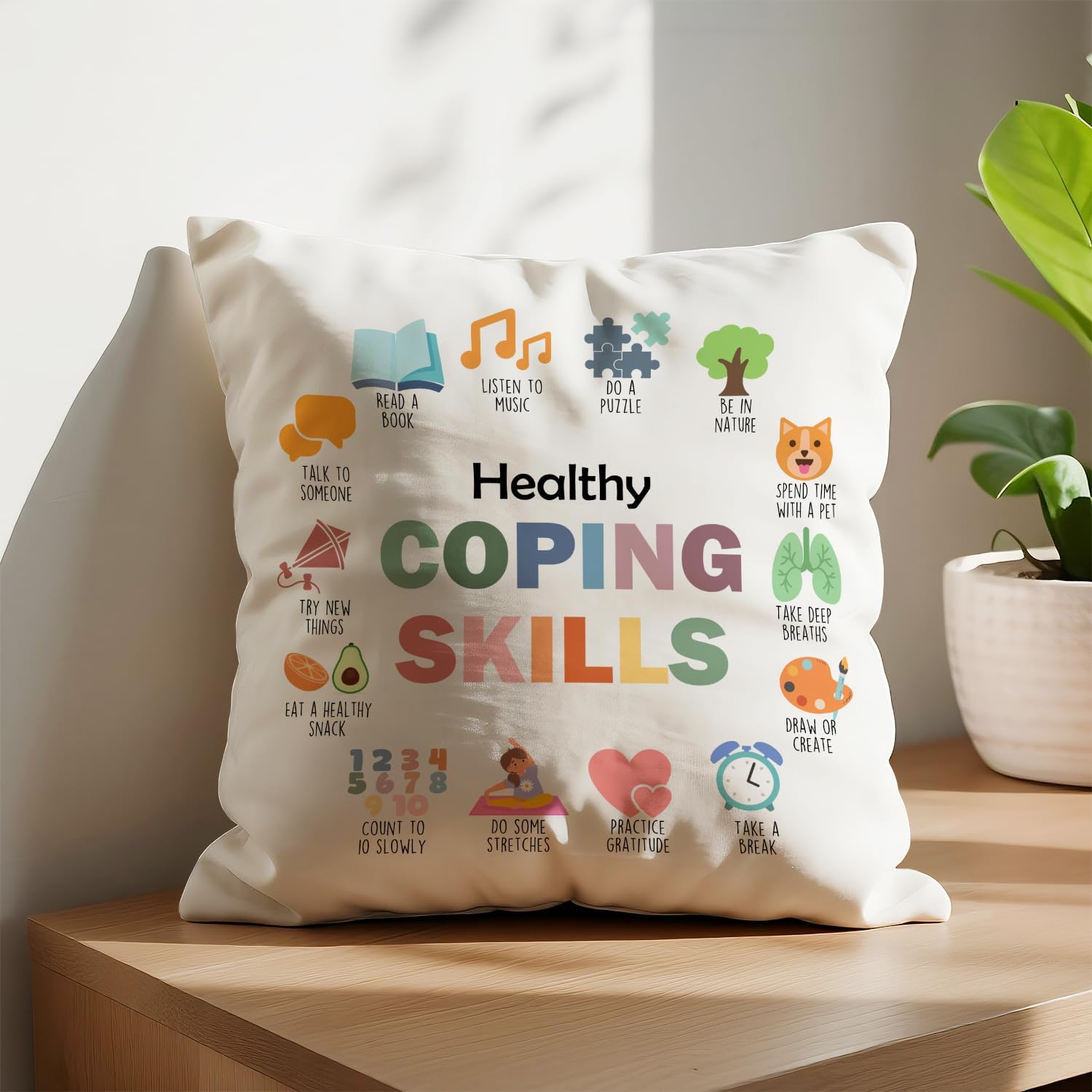 Mental Health Pillow Covers 18x18, Boho Classroom Decor, Healthy Coping Skills Psychology Decorative Throw Pillow Covers for Therapy School Counselor Office Calm Down Corner - Image 2