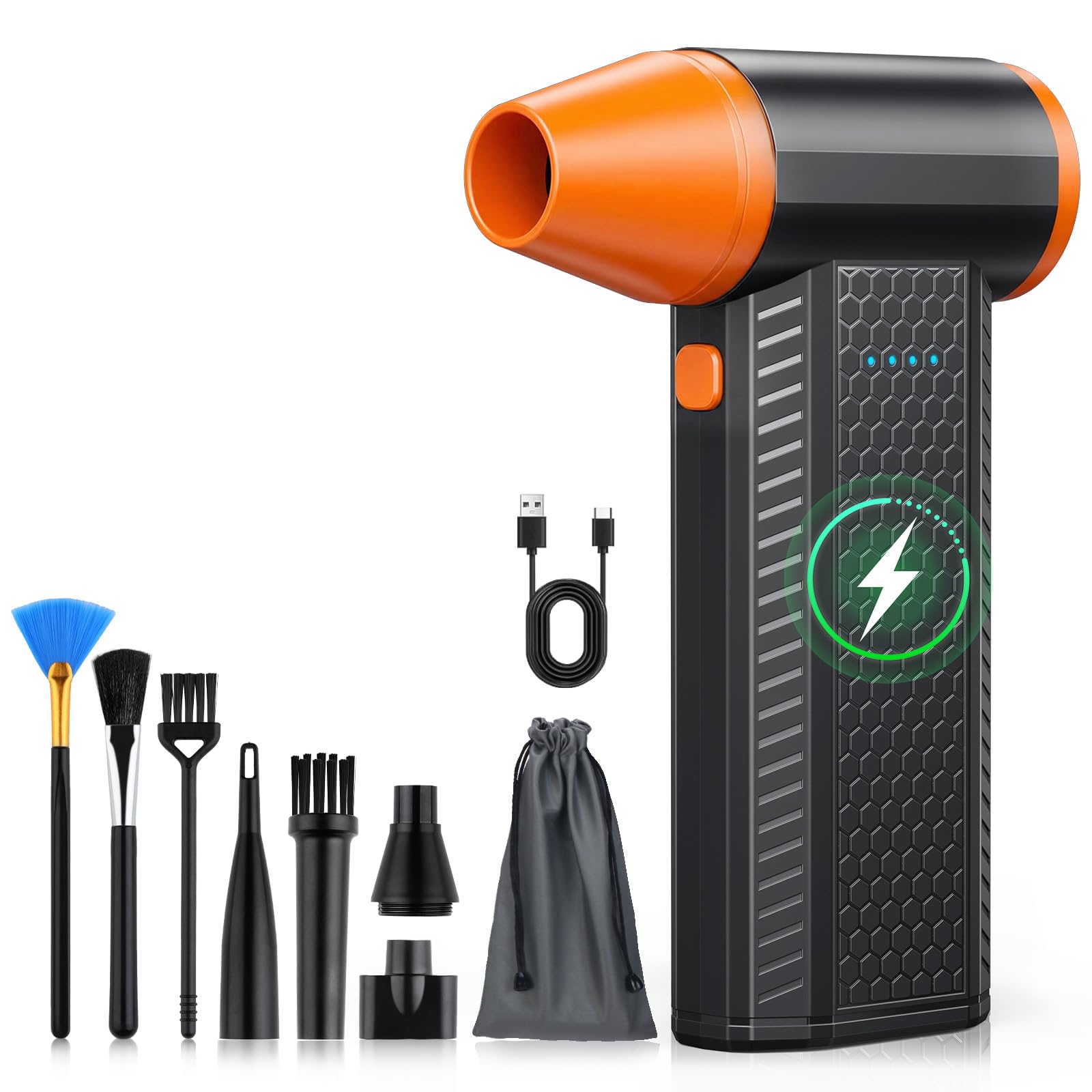 FOURQ Compressed Air Duster-130000RPM Super Power Cordless Air Duster, 4-Gear Adjustable Mini Blower 4000mAh, for Computer, Keyboard, House, Outdoor and Car (Orange)
