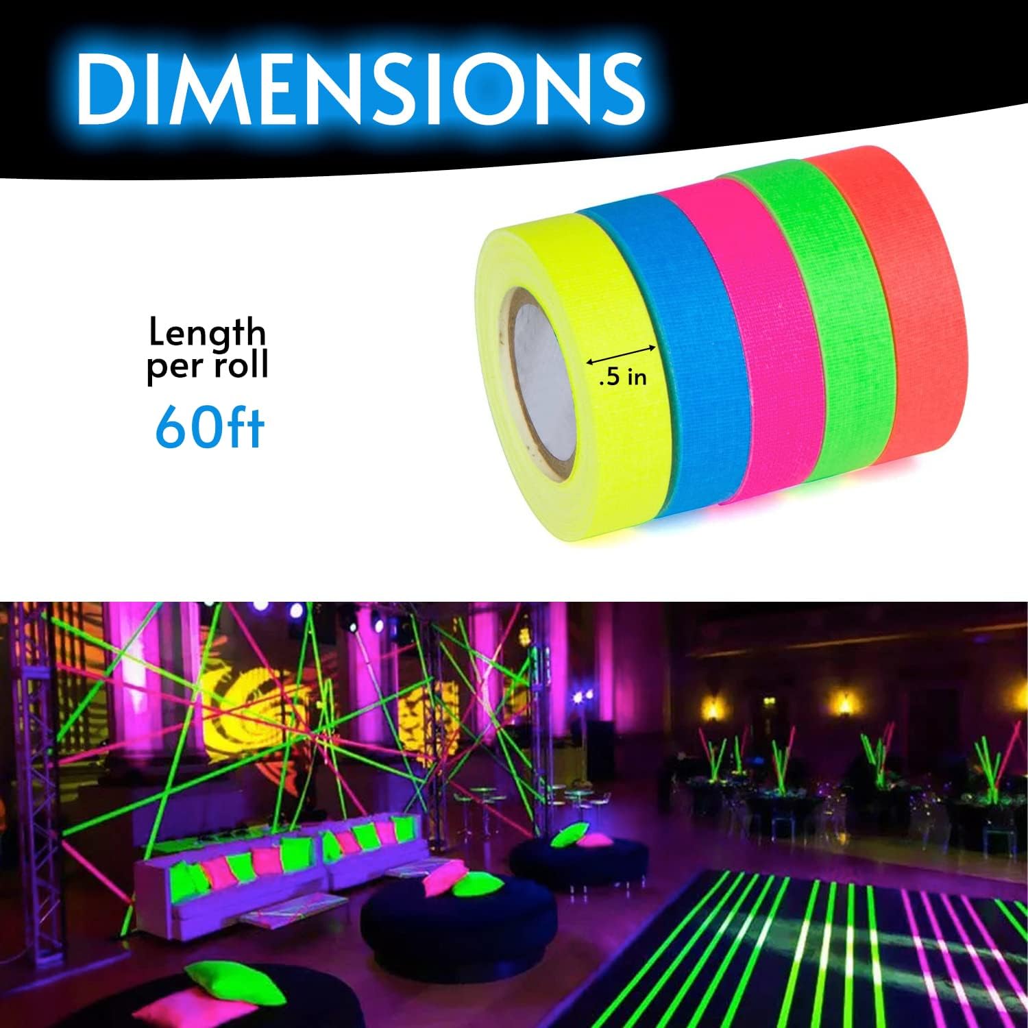 Glow King Blacklight Reactive Glow Tape | Premium UV Fluorescent Neon Party Gift for Events | Multipurpose Luminous Colored Tape for Room Decoration | Glow in the Dark Cloth Tape – 0.5 in x 60 ft