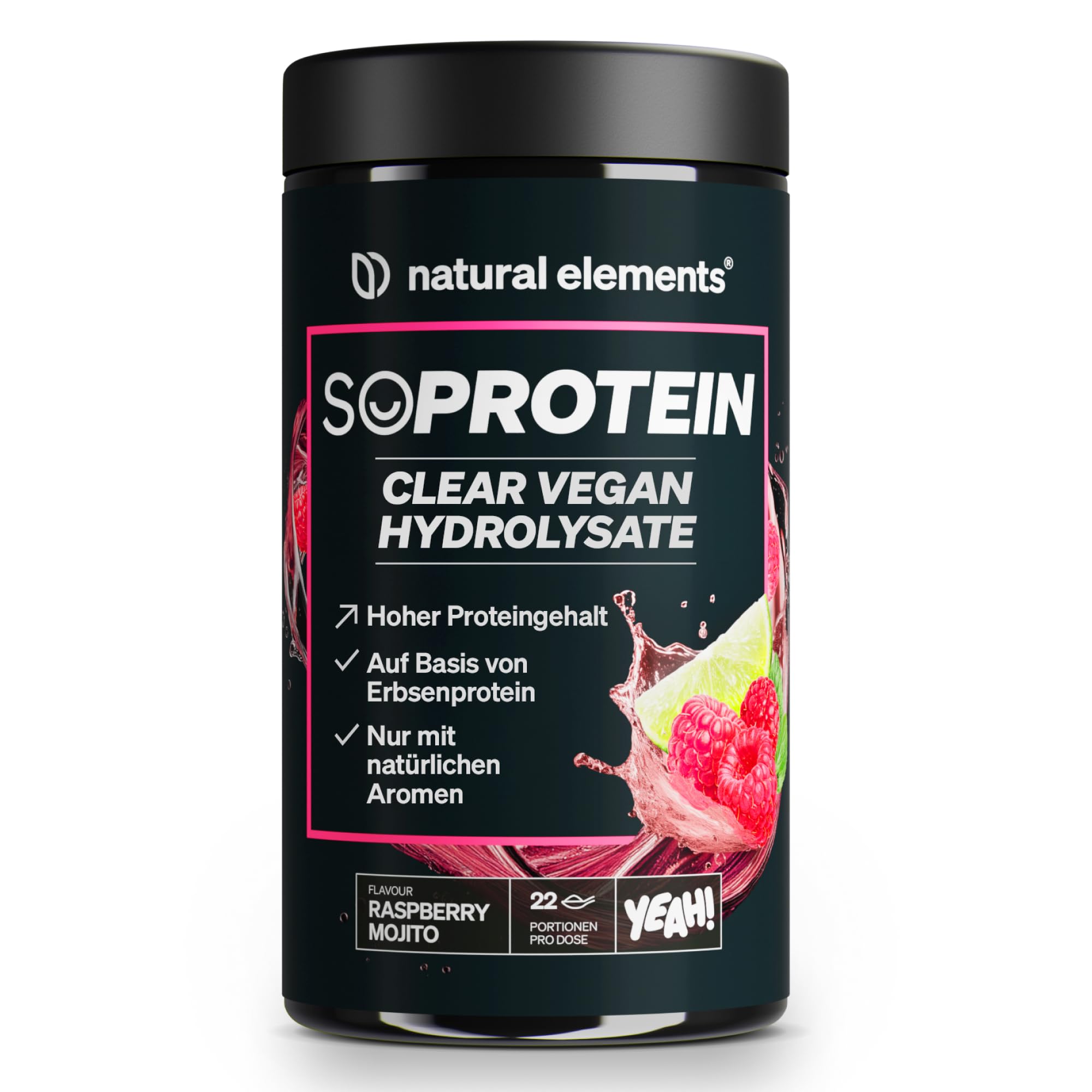 natural elements Clear Vegan Hydrolysate 450g – Raspberry Mojito – Proteinpulver – erfrischender Protein-Shake – ohne Whey Isolate – in Deutschland produziert & laborgeprüft