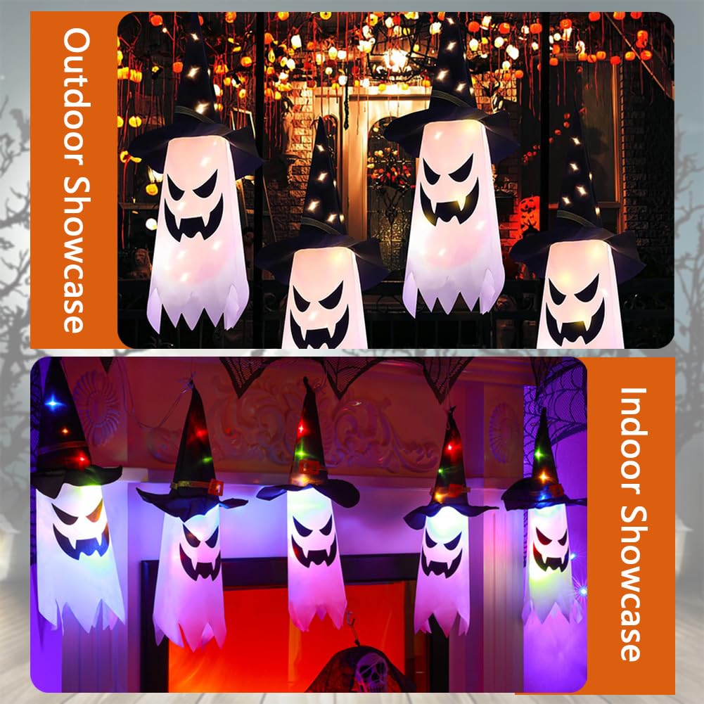 Decoraciones De Halloween Al Aire Libre, 3 Fantasmas Colgantes Iluminados, Lindo Sombrero De Bruja Fantasma Iluminado, Adornos De Halloween Para Decoración De Interiores Y Exteriores Para Fiesta