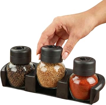 Glass Seasoning Shakers with Adjustable Plastic Lid and Organizer | Spice Shakers Set with Rack | Glass Containers for Seasoning with Plastic Black Caps | 7.1 Oz, 3-Pack