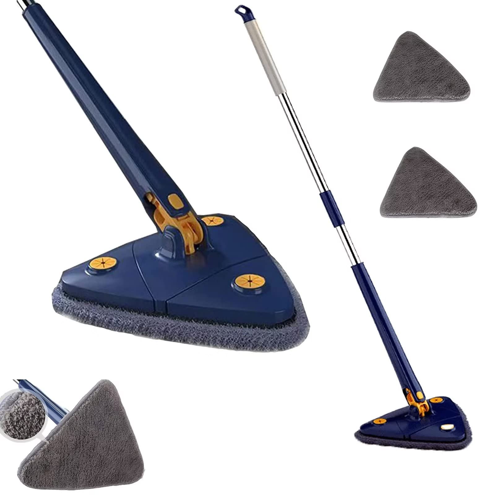 Fregona de Limpieza giratoria de 360 ° Triangular fregona Plegable automática de Limpieza de Pared para Limpieza de Ventanas de Pared de Piso（Fregona Triángulo Azul (2 Telas)）
