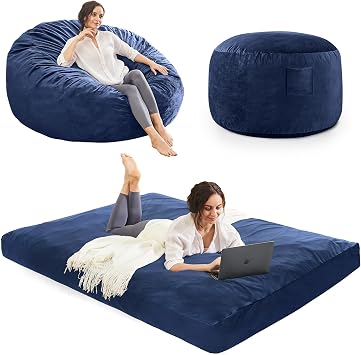 Bean Bag Chairs for Adults - Giant Bean Bag Convertible Floor Sofa | 3 IN 1 Lounger Couch Sofa, Memory Foam Filling, Removable Velvet Cover, Machine Washable,Bedroom Living Room, Youth Navy Blue