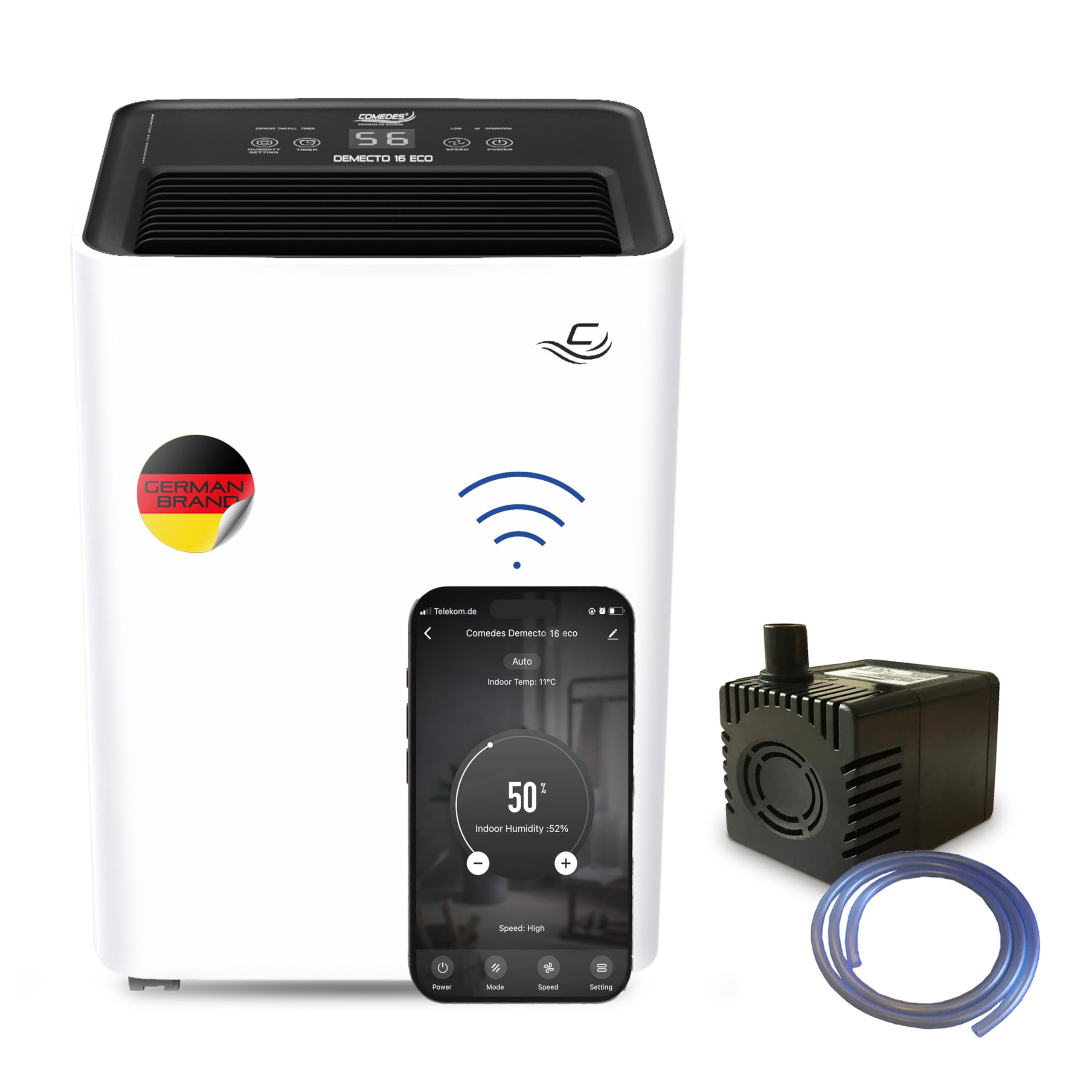 Comedes Demecto 16 eco WiFi osuszacz PowerDrain pompa kondensatu - nadaje się do salonów i piwnic o powierzchni do 65 m², sterowanie aplikacją, ciche, przyłącze węża, w zestawie wąż 3 m