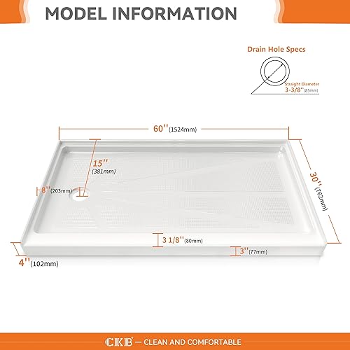 Miniatura 2 de CKB Base de ducha de 60 pulgadas de largo x 30 pulgadas de ancho, bandeja de ducha de un solo umbral con drenaje izquierdo, materiales acrílicos y