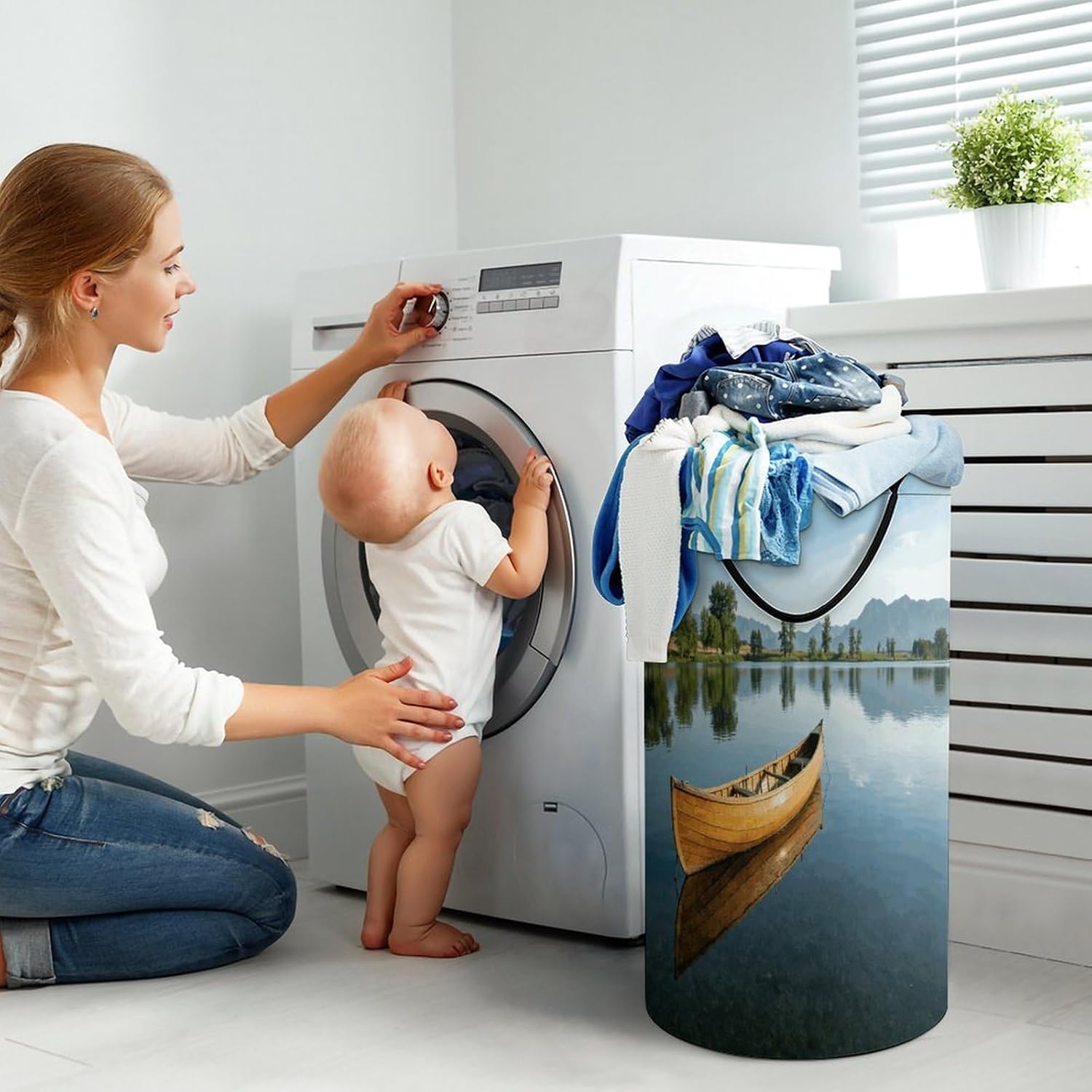 Canoe Lake Laundry Hamper 86L Waterproof Collapsible Clothes Basket with Double Handles Freestanding Foldable Laundry Basket Large Clothes Hamper for Bathroom