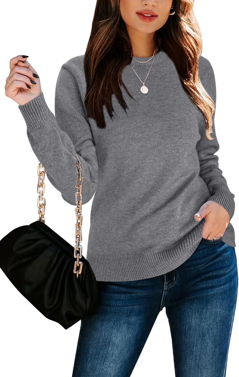 LAISHEN Womens Fall Fashion 2023 Long Sleeve Sweaters Casual Loose Color Block Crew Neck Knit Pullover Tops - Image 2