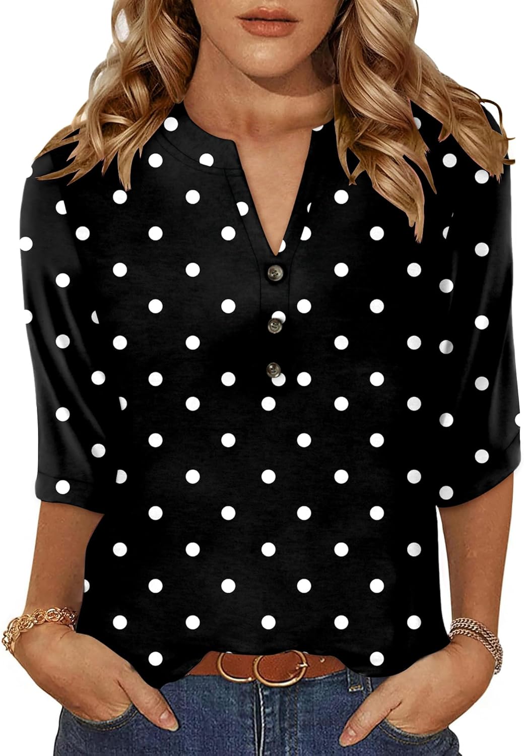 CRAZY GRID Womens Fashion 3/4 Sleeves Tops Fall Crew Neckline Loose Fitting Type Button Down Business Work T Shirts - Image 2