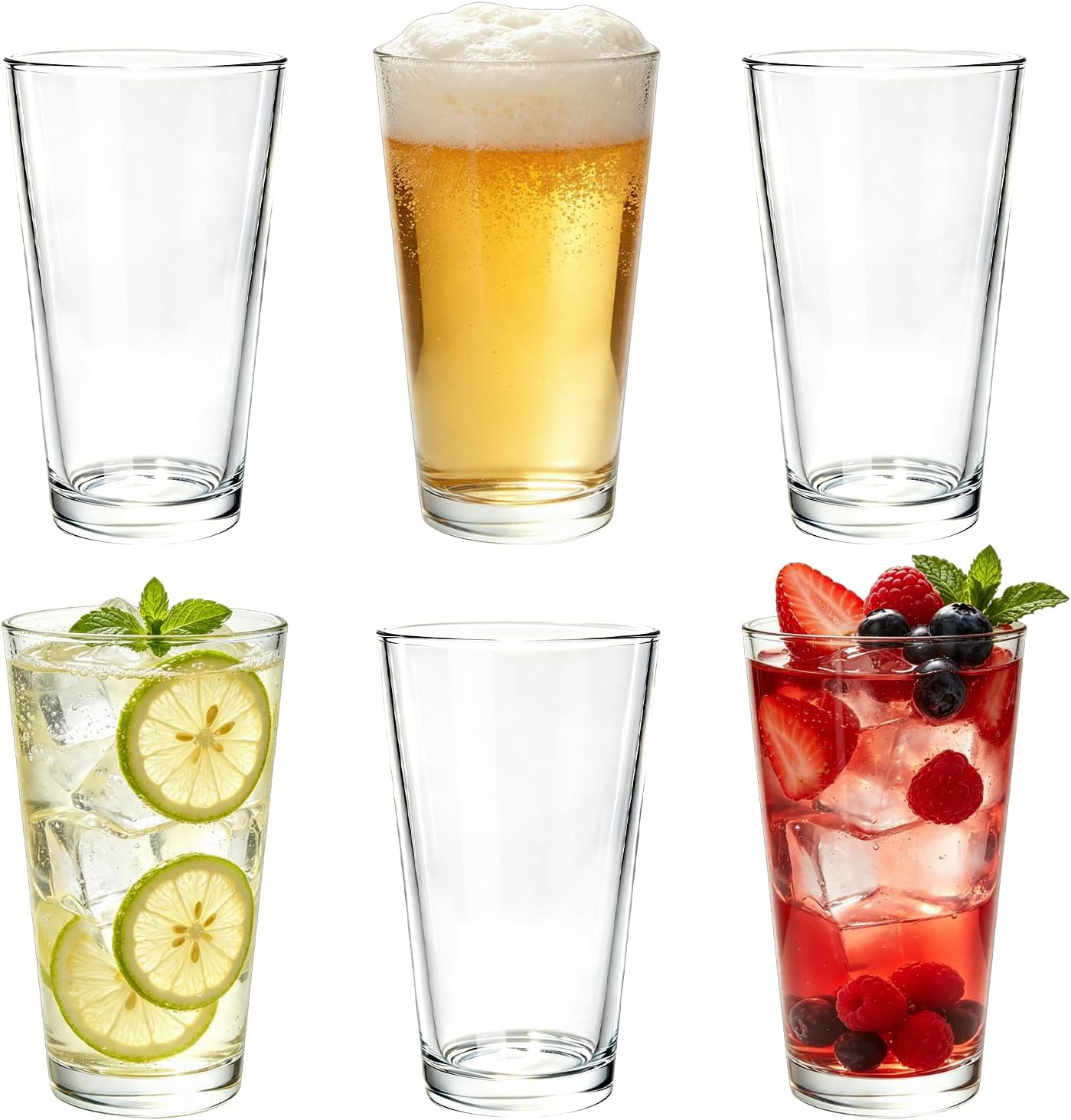 Drinking Glasses Set of 6,16 oz Water Glasses,Tall Glass Cups for Beer,Wine,Juice,Iced Tea,Dishwasher Safe
