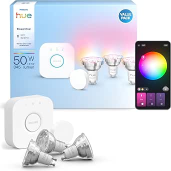 Philips Hue Essential Starter Kit: Hue Bridge + 3 GU10 Bulbs + Smart Button