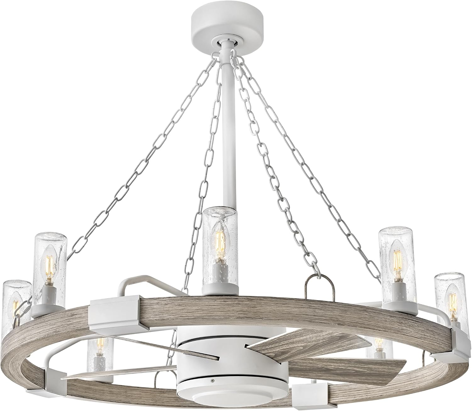 Hinkley Sawyer 36" LED Indoor/Outdoor Smart Fandelier, Rustic Western style, Multiple Down Rods, 16" blade sweep, Matte White and Weathered Wood