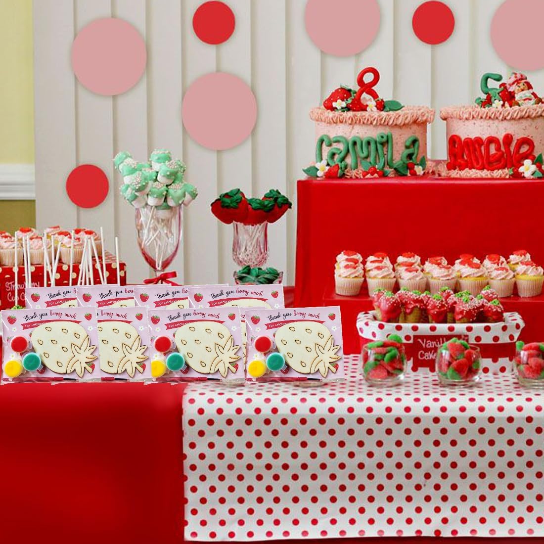 Jekocet ㅤ Strawberry Happy Birthday Party Favors Cards with Wood Painting Crafts Bulk Strawberry Centerpieces for Tables for Baby Shower Decorations