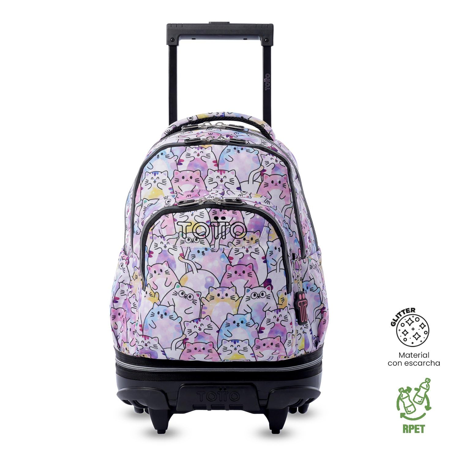 TOTTO - Mochila Escolar con Ruedas Desmontables, Modelo Tiza Glitter, Capacidad 26 L, Mochila PC 15.4", Bolsillo Botella, Manija Telescópica, Espaldar Ergonómico y Correas en S, Estampado Paws Rosa